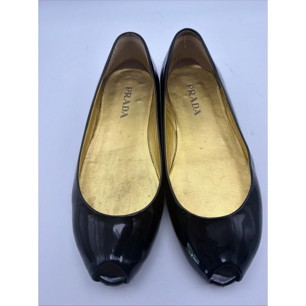 PRADA Black Patent Leather Flats Peep Toe Slides 35.5